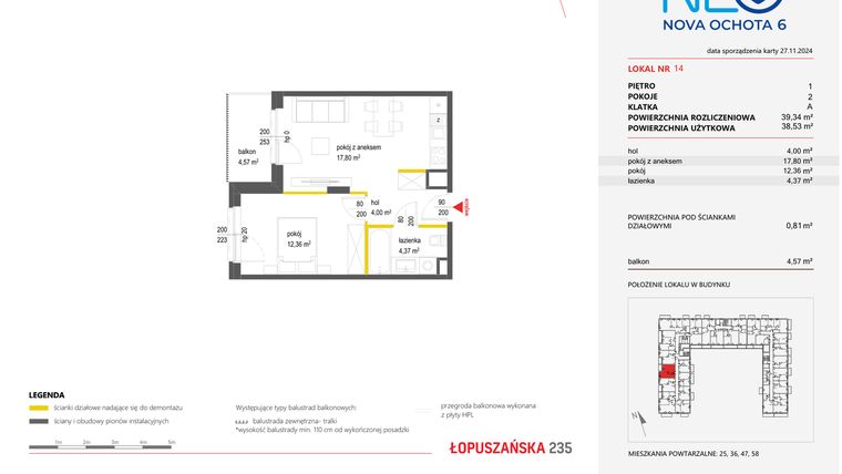Rzut - Mieszkanie na sprzedaż 2 pokoje o powierzchni 39,34 m² - numer 14 w Neo Nova Ochota 6