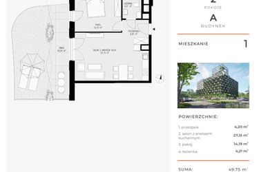 Rzut - Mieszkanie na sprzedaż 2 pokoje o powierzchni 49,75 m² - numer 1 w Semiramis