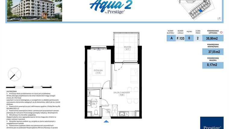 Rzut - Mieszkanie na sprzedaż 2 pokoje o powierzchni 37,55 m² - numer F.133 w Bel Mare (Międzyzdroje)