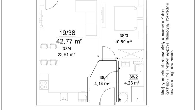 Rzut - Mieszkanie na sprzedaż 2 pokoje o powierzchni 42,77 m² - numer 19/38 w Osiedle Versus etap II