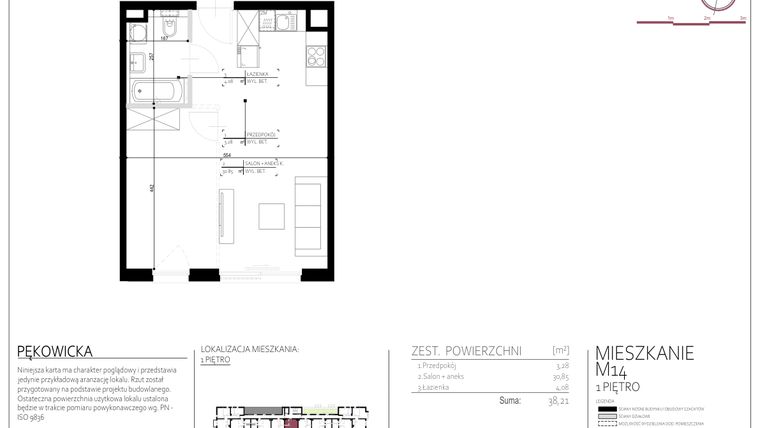 Rzut - Mieszkanie na sprzedaż 1 pokój o powierzchni 38,21 m² - numer 14 w Pękowicka 96