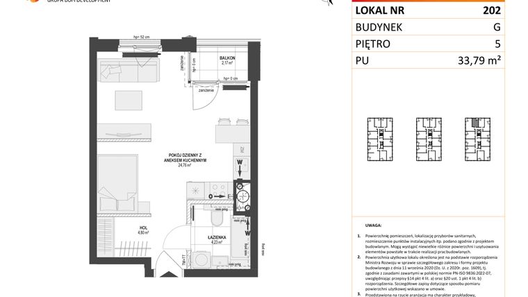 Rzut - Mieszkanie na sprzedaż 1 pokój o powierzchni 33,79 m² - numer G.202 w DOKI etap II (bud. G)