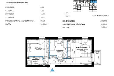 Rzut - Mieszkanie na sprzedaż 3 pokoje o powierzchni 55,33 m² - numer 9 w Comfort Corner