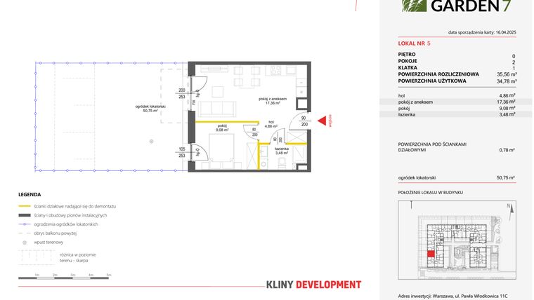 Rzut - Mieszkanie na sprzedaż 2 pokoje o powierzchni 34,78 m² - numer 5 w Nova Viva Garden 7