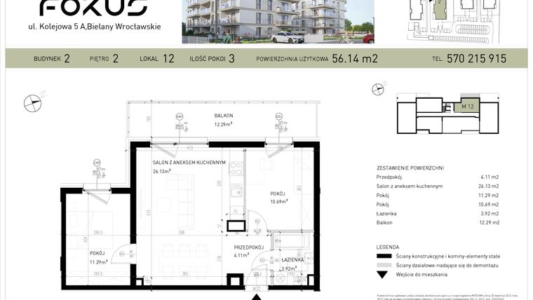 Rzut - Mieszkanie na sprzedaż 3 pokoje o powierzchni 56,14 m² - numer B2-12 w Fokus Bielany