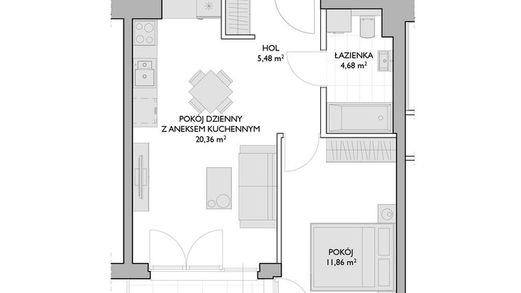 Rzut - Mieszkanie na sprzedaż 2 pokoje o powierzchni 42,38 m² - numer WO/P3/31 w Wiszące Ogrody