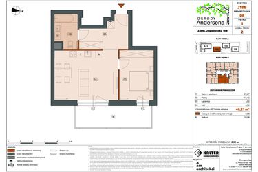 Rzut - Mieszkanie na sprzedaż 2 pokoje o powierzchni 46,21 m² - numer 6B w Ogrody Andersena