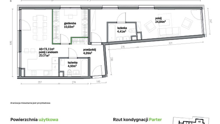 Rzut - Mieszkanie na sprzedaż 3 pokoje o powierzchni 73,11 m² - numer A05 w Traugutta Vita