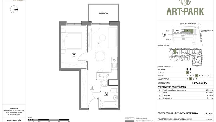 Rzut - Mieszkanie na sprzedaż 2 pokoje o powierzchni 35,93 m² - numer B.2.A405 w ArtPark