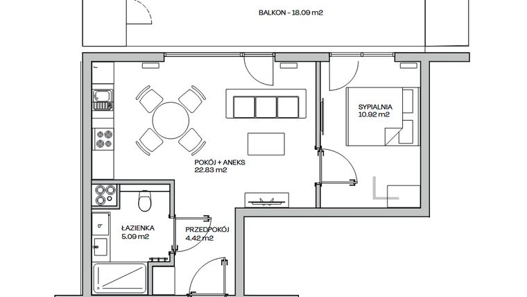 Rzut - Mieszkanie na sprzedaż 2 pokoje o powierzchni 43,26 m² - numer M2 w Zielona Marina - Apartamenty inwestycyjne