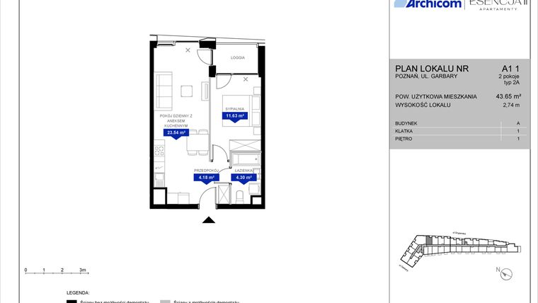 Rzut - Mieszkanie na sprzedaż 2 pokoje o powierzchni 43,65 m² - numer A1.1 w Apartamenty Esencja II