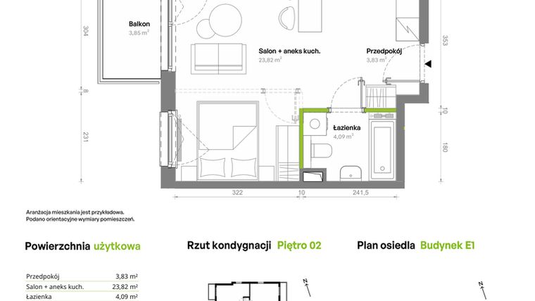 Rzut - Mieszkanie na sprzedaż 1 pokój o powierzchni 31,71 m² - numer E1.03.28 w Południe Vita