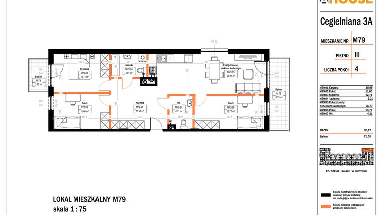 Rzut - Mieszkanie na sprzedaż 4 pokoje o powierzchni 90,12 m² - numer 79 w Osiedle StaLove etap II