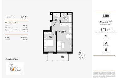 Rzut - Mieszkanie na sprzedaż 2 pokoje o powierzchni 43,06 m² - numer M19 w Łepkowskiego 11