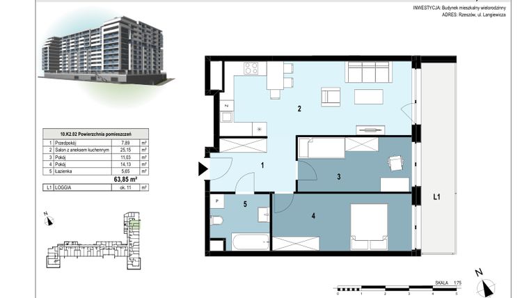 Rzut - Mieszkanie na sprzedaż 3 pokoje o powierzchni 63,83 m² - numer 10.K2.02 w Langiewicza 37