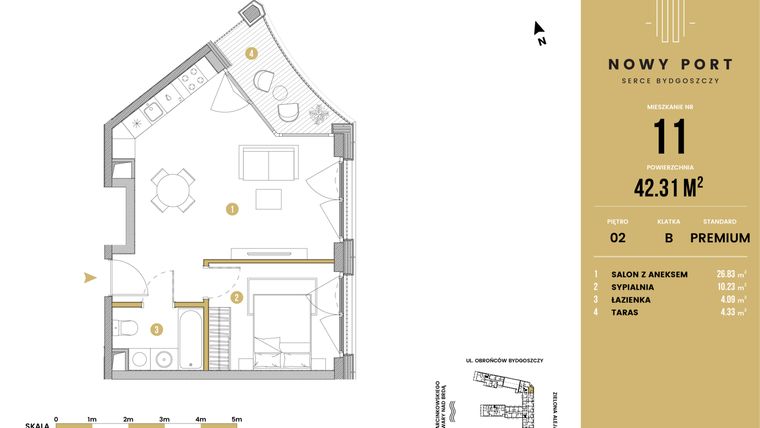 Rzut - Mieszkanie na sprzedaż 2 pokoje o powierzchni 42,31 m² - numer B.11 w Nowy Port