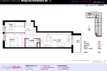 Rzut - Mieszkanie na sprzedaż 3 pokoje o powierzchni 54,04 m² - numer 26 w Wojciechowska Square