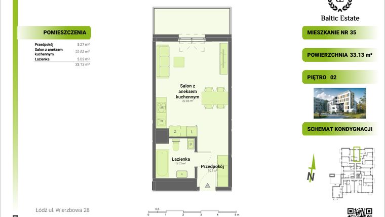 Rzut - Mieszkanie na sprzedaż 1 pokój o powierzchni 33,13 m² - numer 02.M.35 w Dom Architekta