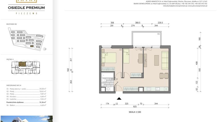 Rzut - Mieszkanie na sprzedaż 3 pokoje o powierzchni 51,36 m² - numer B3.14 w Osiedle Premium etap IV