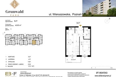 Rzut - Mieszkanie na sprzedaż 2 pokoje o powierzchni 43,03 m² - numer 8 J/7 w Grunwald Park