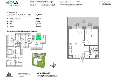 Rzut - Mieszkanie na sprzedaż 2 pokoje o powierzchni 31,21 m² - numer L.U. 21 w Nova Radiostacja - apartamenty inwestycyjne