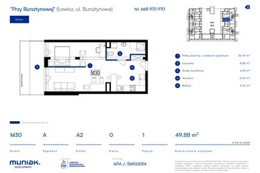 Rzut - Mieszkanie na sprzedaż 1 pokój o powierzchni 49,88 m² - numer 30A w Przy Bursztynowej