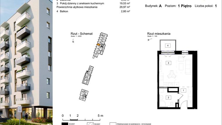 Rzut - Mieszkanie na sprzedaż 1 pokój o powierzchni 29,97 m² - numer A.8 w Osiedle Kochanowskiego - Gliwice