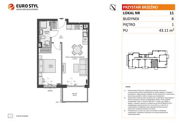 Rzut - Mieszkanie na sprzedaż 2 pokoje o powierzchni 43,11 m² - numer B11 w Przystań Brzeźno etap 1.2