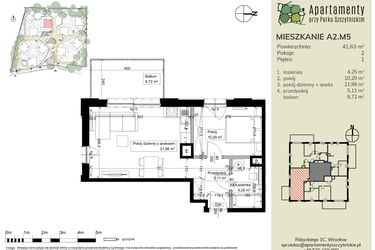 Rzut - Mieszkanie na sprzedaż 2 pokoje o powierzchni 41,71 m² - numer A2.M5 w Apartamenty przy Parku Szczytnickim