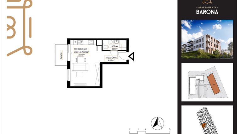 Rzut - Mieszkanie na sprzedaż 1 pokój o powierzchni 31,3 m² - numer B2/1/15 w Apartamenty Barona