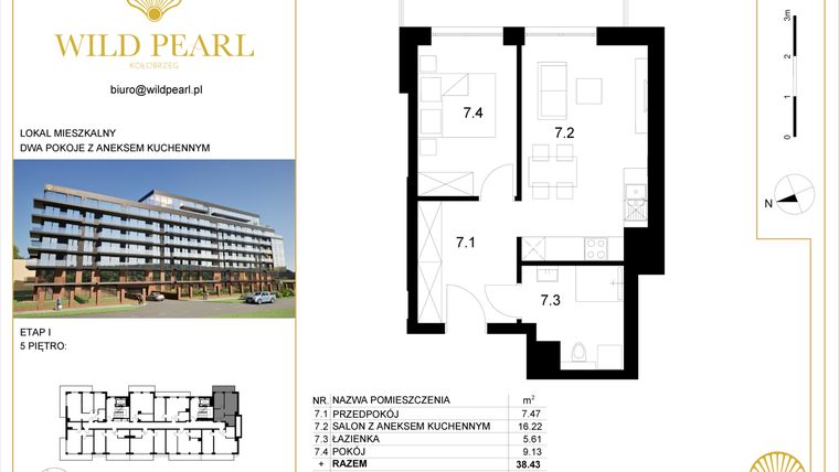 Rzut - Mieszkanie na sprzedaż 2 pokoje o powierzchni 38,43 m² - numer 5.7 w Wild Pearl