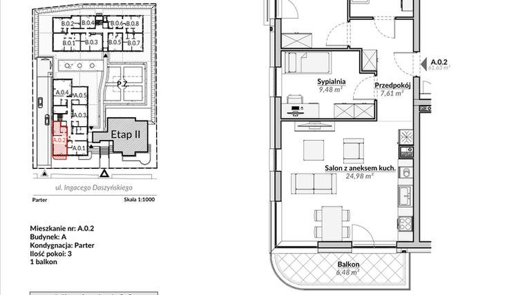 Rzut - Mieszkanie na sprzedaż 3 pokoje o powierzchni 61,63 m² - numer A.0.2 w Nowa Fregata