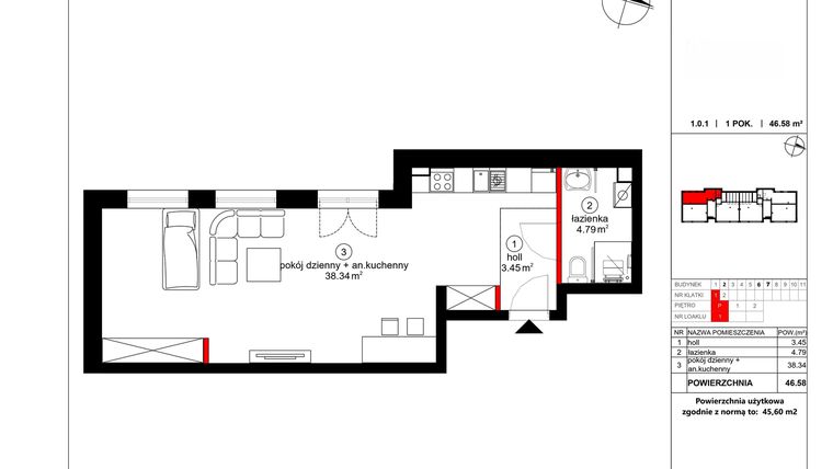 Rzut - Mieszkanie na sprzedaż 2 pokoje o powierzchni 45,6 m² - numer 1 w Czynu Społecznego 65F
