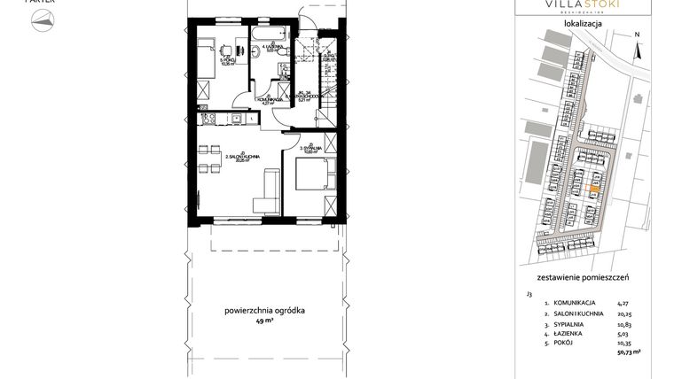Rzut - Mieszkanie na sprzedaż 3 pokoje o powierzchni 50,73 m² - numer J3 w Villa Stoki (mieszkania)