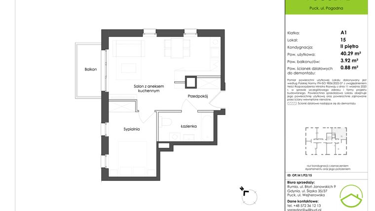 Rzut - Mieszkanie na sprzedaż 3 pokoje o powierzchni 60,87 m² - numer OP/A1/P2/15 w Osiedle Pogodne etap I
