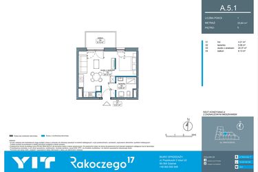 Rzut - Mieszkanie na sprzedaż 1 pokój o powierzchni 33,61 m² - numer A.5.1 w Rakoczego 17
