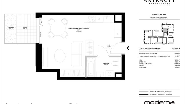 Rzut - Mieszkanie na sprzedaż 1 pokój o powierzchni 29,68 m² - numer 1 w Antracyt