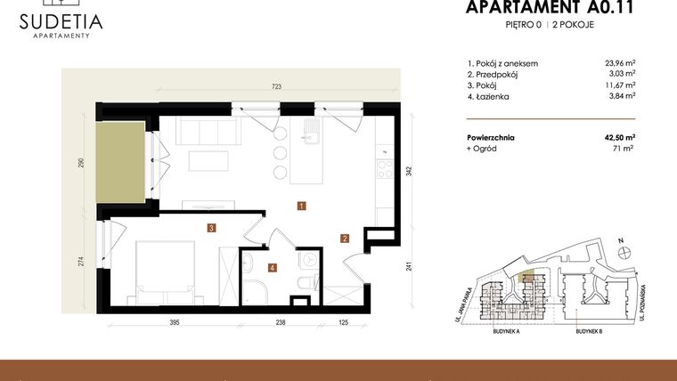 Rzut - Mieszkanie na sprzedaż 2 pokoje o powierzchni 42,5 m² - numer A 0.11 w Apartamenty Sudetia