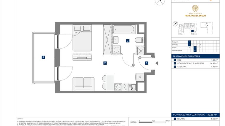 Rzut - Mieszkanie na sprzedaż 1 pokój o powierzchni 30,59 m² - numer F-10 w Apartamenty Park Matecznego Etap 2