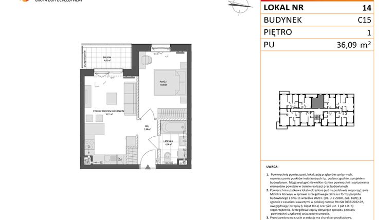 Rzut - Mieszkanie na sprzedaż 2 pokoje o powierzchni 36,09 m² - numer C15.14 w Konstelacja etap VI