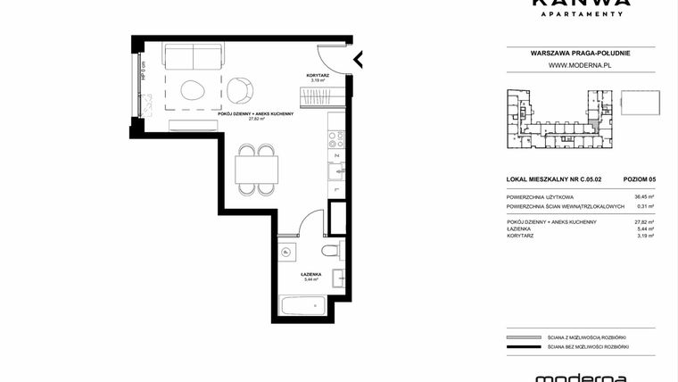 Rzut - Mieszkanie na sprzedaż 1 pokój o powierzchni 36,45 m² - numer C.05.02 w KANWA