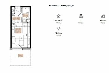 Rzut - Mieszkanie na sprzedaż 1 pokój o powierzchni 26,65 m² - numer SWA/2/02/B w Apartamenty Świeradowska