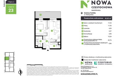 Rzut - Mieszkanie na sprzedaż 2 pokoje o powierzchni 43,62 m² - numer E23 w Nowa Częstochowa Małopolska etap II