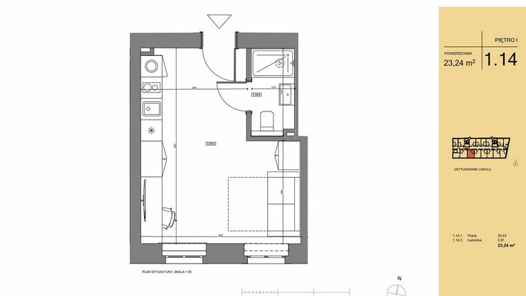 Rzut - Mieszkanie na sprzedaż 1 pokój o powierzchni 23,24 m² - numer 1.14 w Rezydencja San Petrus