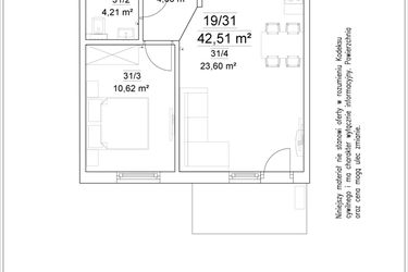Rzut - Mieszkanie na sprzedaż 2 pokoje o powierzchni 42,51 m² - numer 19/31 w Osiedle Versus etap II