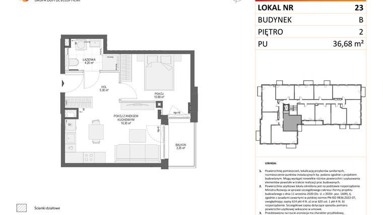 Rzut - Mieszkanie na sprzedaż 2 pokoje o powierzchni 36,68 m² - numer B23 w Osiedle Orzechowa
