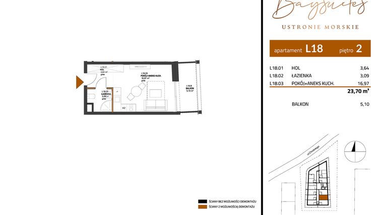 Rzut - Mieszkanie na sprzedaż 1 pokój o powierzchni 23,7 m² - numer AP.2.18 w Baysuites