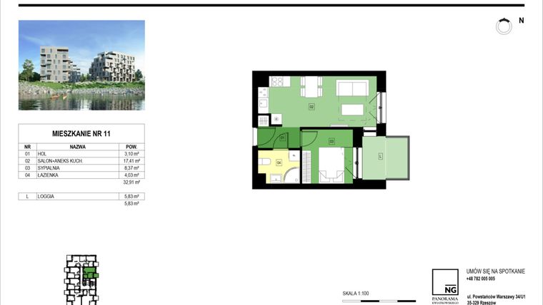 Rzut - Mieszkanie na sprzedaż 2 pokoje o powierzchni 32,98 m² - numer B.11 w Panorama Kwiatkowskiego River