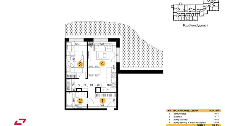 Rzut - Mieszkanie na sprzedaż 2 pokoje o powierzchni 45,22 m² - numer M09 w Punkt Wola