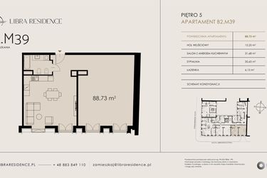 Rzut - Mieszkanie na sprzedaż 3 pokoje o powierzchni 88,73 m² - numer B2.M39 w Libra Residence